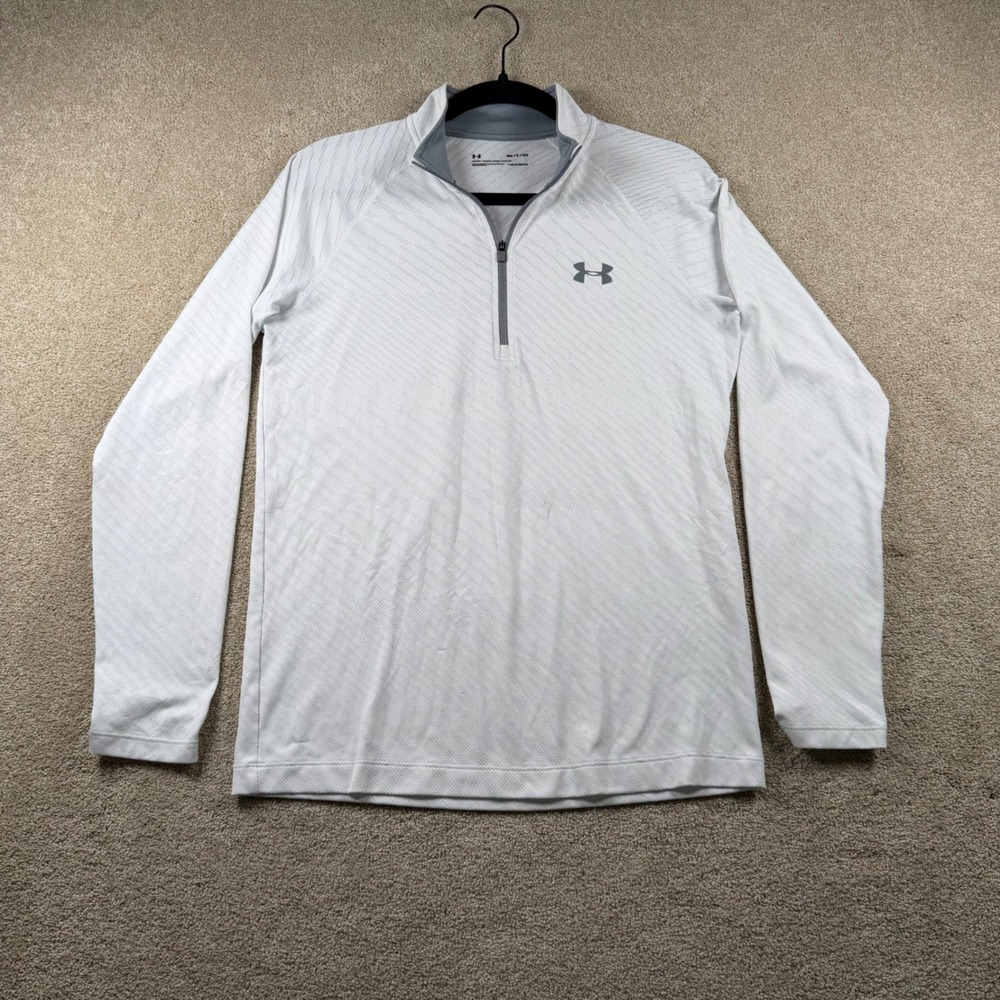 Under Armour HeatGear Mens Small White Grey Quarter Zip Pullover Long Sleeve Top